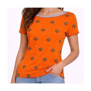 Charter Club Orange Supima Cotton Geometric Floral Boat Neck Shirt XS Preppy